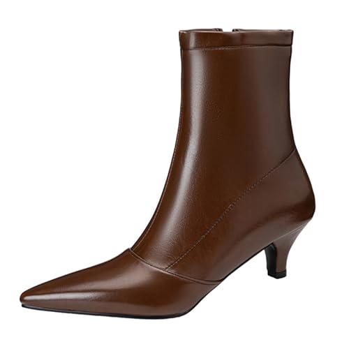 Lizoleor Stylish Kitten Heel Pointed Toe Damen Stiefeletten Komfort Mitte Absatz Reißverschluss Elegant Shiny Party Concise Arbeit Stiefeletten Braun Gr 34 EU von Lizoleor