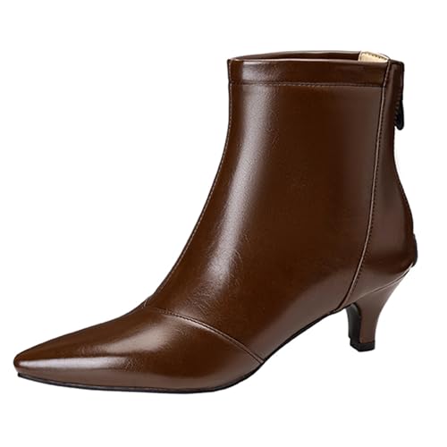Lizoleor Stylish Kitten Heel Pointed Toe Damen Stiefeletten Komfort Mitte Absatz Reißverschluss Elegant Shiny Party Concise Arbeit Stiefeletten Braun Gr 38 EU/39Cn von Lizoleor