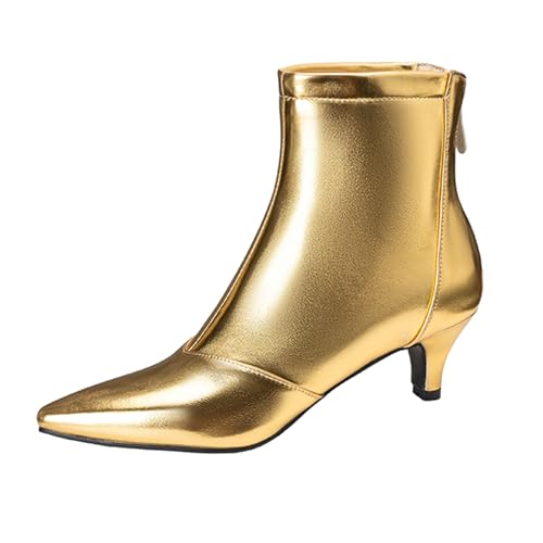 Lizoleor Stylish Kitten Heel Pointed Toe Damen Stiefeletten Komfort Mitte Absatz Reißverschluss Elegant Shiny Party Concise Arbeit Stiefeletten Gold Gr 40.5 EU/42Cn von Lizoleor