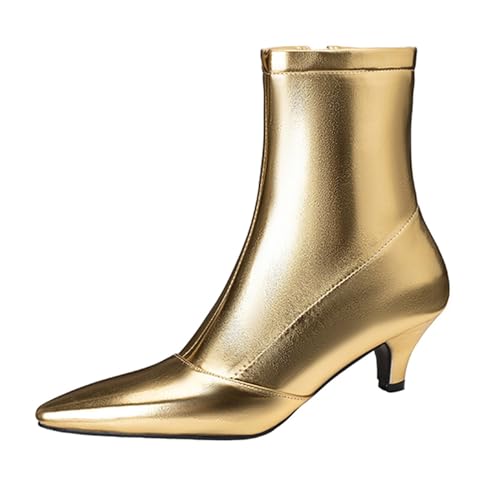 Lizoleor Stylish Kitten Heel Pointed Toe Damen Stiefeletten Komfort Mitte Absatz Reißverschluss Elegant Shiny Party Concise Arbeit Stiefeletten Gold Gr 40.5 EU/42Cn von Lizoleor