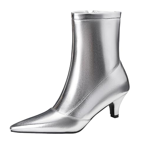 Lizoleor Stylish Kitten Heel Pointed Toe Damen Stiefeletten Komfort Mitte Absatz Reißverschluss Elegant Shiny Party Concise Arbeit Stiefeletten Silber Gr 32 EU von Lizoleor