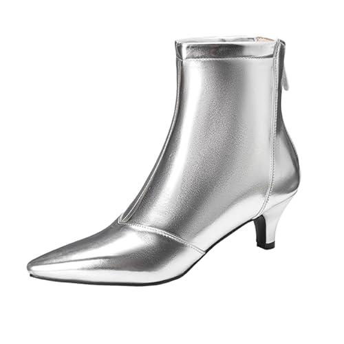 Lizoleor Stylish Kitten Heel Pointed Toe Damen Stiefeletten Komfort Mitte Absatz Reißverschluss Elegant Shiny Party Concise Arbeit Stiefeletten Silber Gr 44 EU/46Cn von Lizoleor