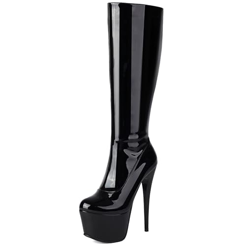 Lizoleor Super Höhe Ferse Hochzeit Runde Zehen Damen Knee Stiefel Stiletto Plateau Side Reißverschluss Prom Long Anzugstiefel Bright-Schwarz Gr 40.5 EU/42Cn von Lizoleor