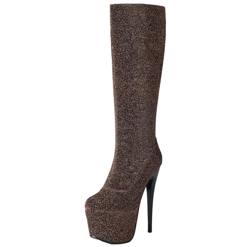 Lizoleor Super Höhe Ferse Hochzeit Runde Zehen Damen Knee Stiefel Stiletto Plateau Side Reißverschluss Prom Long Anzugstiefel Gold Gr 43 EU/45Cn von Lizoleor