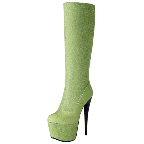 Lizoleor Super Höhe Ferse Hochzeit Runde Zehen Damen Knee Stiefel Stiletto Plateau Side Reißverschluss Prom Long Anzugstiefel Grün Gr 39 EU/40Cn von Lizoleor