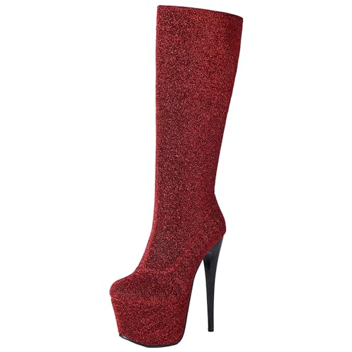 Lizoleor Super Höhe Ferse Hochzeit Runde Zehen Damen Knee Stiefel Stiletto Plateau Side Reißverschluss Prom Long Anzugstiefel Rot Gr 34 EU von Lizoleor