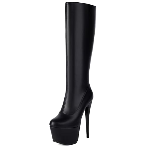 Lizoleor Super Höhe Ferse Hochzeit Runde Zehen Damen Knee Stiefel Stiletto Plateau Side Reißverschluss Prom Long Anzugstiefel Ya-Schwarz Gr 42 EU/44Cn von Lizoleor