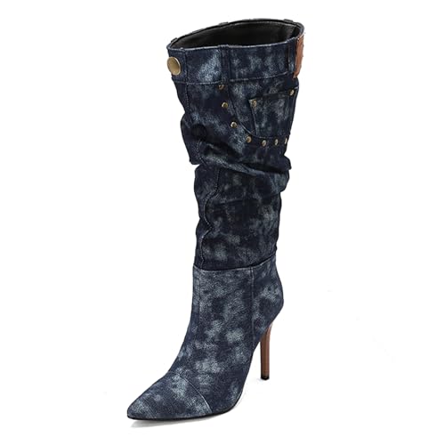 Lizoleor Super Höhe Ferse Pointed Toe Denim Damen Lockere Stiefel Stiletto Pleated Side Reißverschluss Mode Knee Tall Anzugstiefel Dark-Blau Gr 40.5 EU/42Cn von Lizoleor