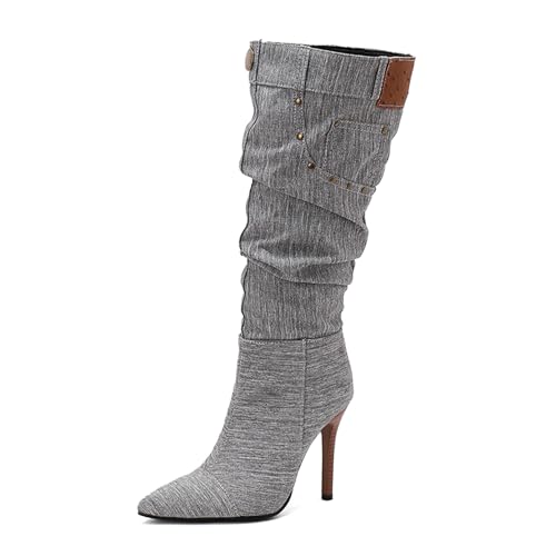 Lizoleor Super Höhe Ferse Pointed Toe Denim Damen Lockere Stiefel Stiletto Pleated Side Reißverschluss Mode Knee Tall Anzugstiefel Grau Gr 40.5 EU/42Cn Lizoleor Super Höhe Ferse Pointed Toe Denim Damen Lockere Stiefel Stiletto Pleated Side Reißverschluss Mode Knee Tall Anzugstiefel Grau Gr 40.5 EU/42Cn von Lizoleor