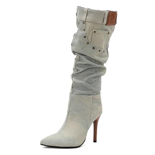 Lizoleor Super Höhe Ferse Pointed Toe Denim Damen Lockere Stiefel Stiletto Pleated Side Reißverschluss Mode Knee Tall Anzugstiefel Light-Blau Gr 47 EU/49Cn von Lizoleor