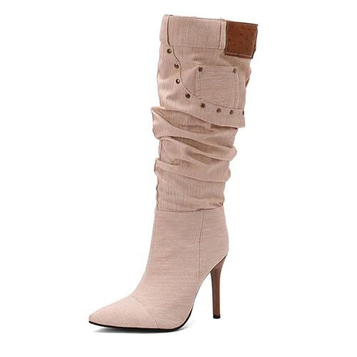 Lizoleor Super Höhe Ferse Pointed Toe Denim Damen Lockere Stiefel Stiletto Pleated Side Reißverschluss Mode Knee Tall Anzugstiefel Pink Gr 47 EU/49Cn von Lizoleor