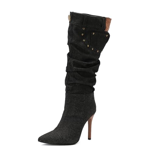 Lizoleor Super Höhe Ferse Pointed Toe Denim Damen Lockere Stiefel Stiletto Pleated Side Reißverschluss Mode Knee Tall Anzugstiefel Schwarz Gr 37 EU/38Cn von Lizoleor