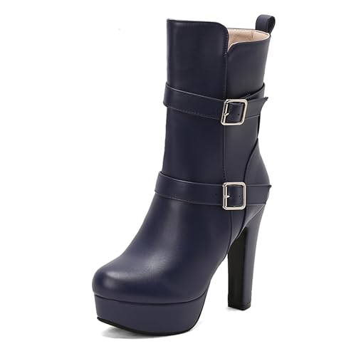 Lizoleor Super Höhe Ferse Runde Zehen Reißverschluss Damen Stiefeletten Plateau Blockabsatz Reißverschluss Kurz Riding Anzugstiefel Blau Gr 43 EU/45Cn von Lizoleor