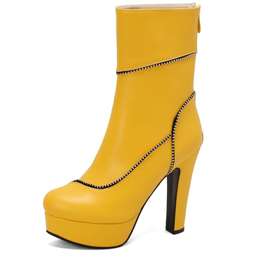 Lizoleor Super Höhe Ferse Runde Zehen Reißverschluss Damen Stiefeletten Plateau Blockabsatz Reißverschluss Kurz Riding Anzugstiefel Gelb Gr 41 EU/43Cn von Lizoleor