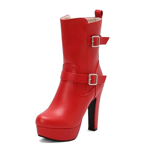 Lizoleor Super Höhe Ferse Runde Zehen Reißverschluss Damen Stiefeletten Plateau Blockabsatz Reißverschluss Kurz Riding Anzugstiefel Rot Gr 35 EU von Lizoleor