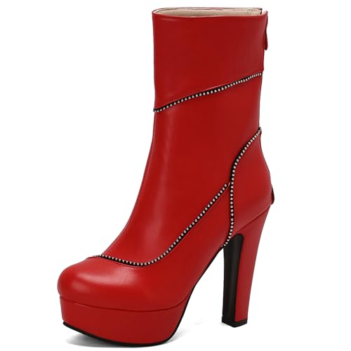 Lizoleor Super Höhe Ferse Runde Zehen Reißverschluss Damen Stiefeletten Plateau Blockabsatz Reißverschluss Kurz Riding Anzugstiefel Rot Gr 41 EU/43Cn von Lizoleor