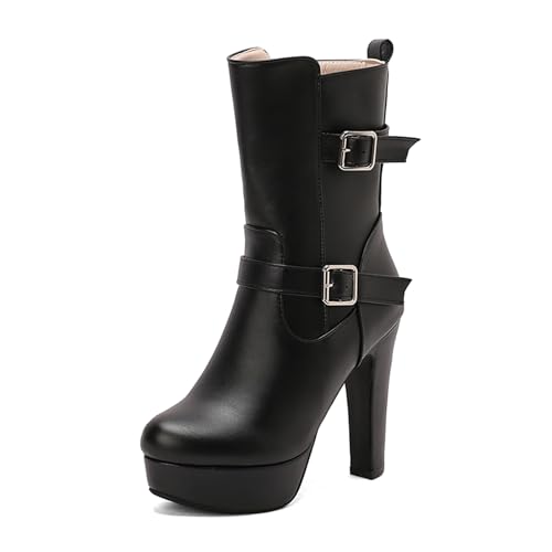 Lizoleor Super Höhe Ferse Runde Zehen Reißverschluss Damen Stiefeletten Plateau Blockabsatz Reißverschluss Kurz Riding Anzugstiefel Schwarz Gr 40.5 EU/42Cn von Lizoleor