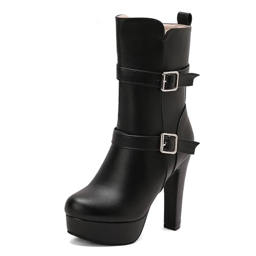 Lizoleor Super Höhe Ferse Runde Zehen Reißverschluss Damen Stiefeletten Plateau Blockabsatz Reißverschluss Kurz Riding Anzugstiefel Schwarz Gr 43 EU/45Cn von Lizoleor