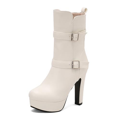 Lizoleor Super Höhe Ferse Runde Zehen Reißverschluss Damen Stiefeletten Plateau Blockabsatz Reißverschluss Kurz Riding Anzugstiefel Weiß Gr 37 EU/38Cn von Lizoleor
