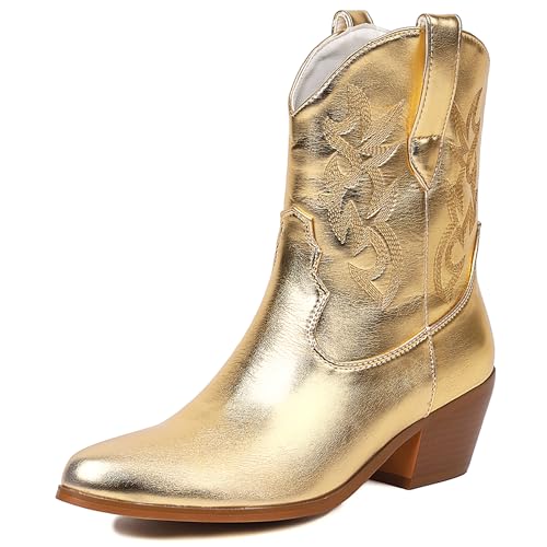 Lizoleor Sweet Bestickt Ohne Verschluss Pointed Toe Damen Cowboystiefel Shiny Mitte Blockabsatz Mode Girl Ankle High Reitstiefel Gold Gr 39 EU/40Cn von Lizoleor