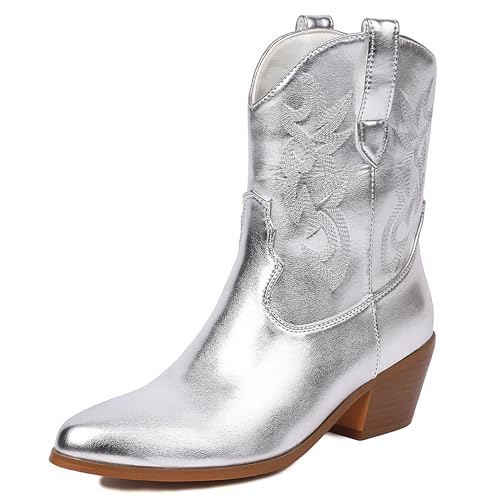 Lizoleor Sweet Bestickt Ohne Verschluss Pointed Toe Damen Cowboystiefel Shiny Mitte Blockabsatz Mode Girl Ankle High Reitstiefel Silber Gr 41 EU/43Cn von Lizoleor