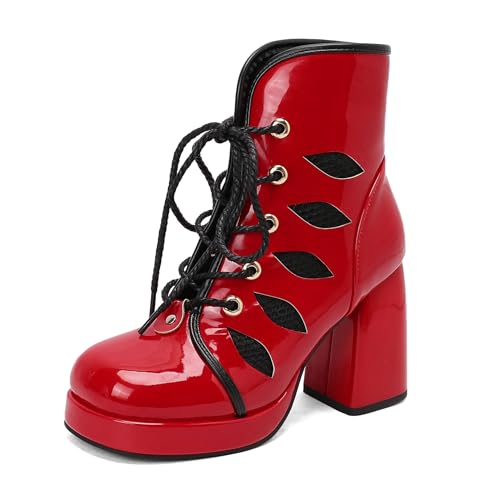 Lizoleor Sweet Blockabsatz Square Toe Schnüren Damen Sommer Stiefeletten Cross Strap Plateau Lack Höhe Ferse Mesh Motorradstiefel Rot Gr 34 EU von Lizoleor