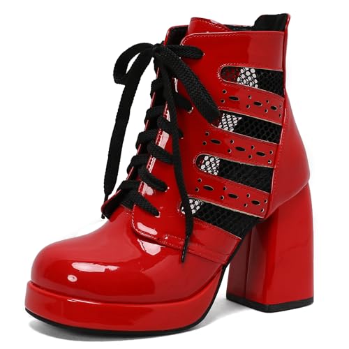 Lizoleor Sweet Blockabsatz Square Toe Schnüren Damen Sommer Stiefeletten Cross Strap Plateau Lack Höhe Ferse Mesh Motorradstiefel Rot Gr 36.5 EU/37Cn von Lizoleor