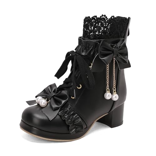 Lizoleor Sweet Bogen Blockabsatz Plateau Schnüren Damen Stiefeletten Beaded Runde Zehen Pleated Princess Kurz Biker Stiefeletten Schwarz Gr 46 EU/48Cn von Lizoleor