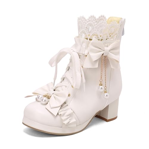 Lizoleor Sweet Bogen Blockabsatz Plateau Schnüren Damen Stiefeletten Beaded Runde Zehen Pleated Princess Kurz Biker Stiefeletten Weiß Gr 40.5 EU/42Cn von Lizoleor