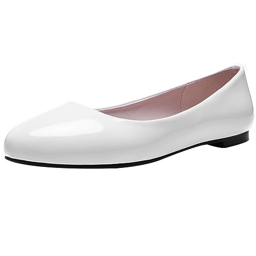 Lizoleor Sweet Flach Komfort Damen Pumps Runde Zehen Ohne Verschluss Elegant Lack Candy Color Concise Wildleder Dolly Schuhe Weiß Gr 36 EU von Lizoleor