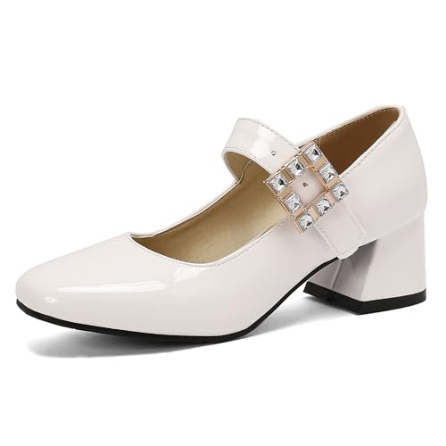 Lizoleor Sweet Lack Mary Jane Square Toe Blockabsatz Damen Schuhe Weit Fit Komfort Mitte Absatz Hochzeit Sommer Party Pumps Weiß Gr 35 EU von Lizoleor