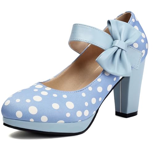 Lizoleor Sweet Princess Blockabsatz Runde Zehen Damen Kleid Schuhe Höhe Ferse Bows Blume Knöchelriemchen Mary Jane Plateau Party Schuhe Blau Gr 39 EU/40Cn von Lizoleor