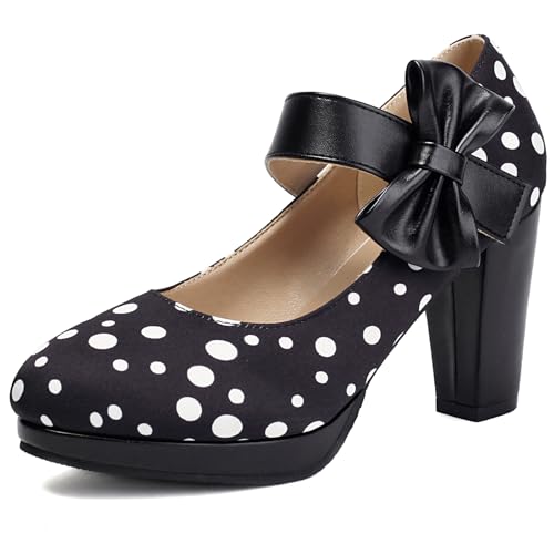Lizoleor Sweet Princess Blockabsatz Runde Zehen Damen Kleid Schuhe Höhe Ferse Bows Blume Knöchelriemchen Mary Jane Plateau Party Schuhe Schwarz Gr 40 EU/41Cn von Lizoleor
