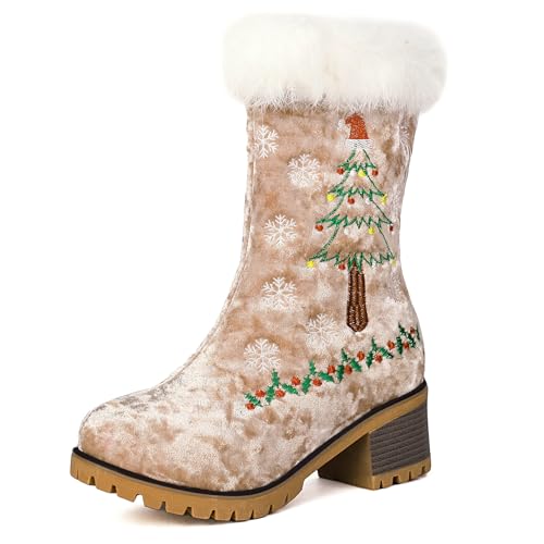 Lizoleor Sweet Runde Zehen Schnalle Christmas Damen Halbschaft Schneestiefel Mitte Blockabsatz Ohne Verschluss Warm Fell Winterstiefel Khaki Gr 36.5 EU/37Cn von Lizoleor