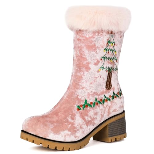 Lizoleor Sweet Runde Zehen Schnalle Christmas Damen Halbschaft Schneestiefel Mitte Blockabsatz Ohne Verschluss Warm Fell Winterstiefel Pink Gr 40.5 EU/42Cn von Lizoleor