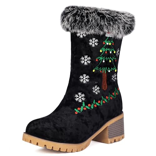Lizoleor Sweet Runde Zehen Schnalle Christmas Damen Halbschaft Schneestiefel Mitte Blockabsatz Ohne Verschluss Warm Fell Winterstiefel Schwarz Gr 40.5 EU/42Cn von Lizoleor
