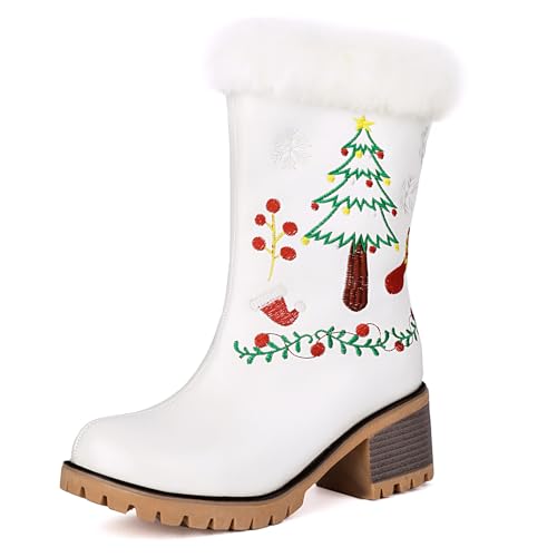 Lizoleor Sweet Runde Zehen Schnalle Christmas Damen Halbschaft Schneestiefel Mitte Blockabsatz Ohne Verschluss Warm Fell Winterstiefel Weiß Gr 40 EU/41Cn von Lizoleor