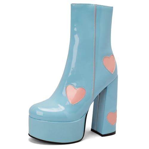 Lizoleor Sweet Side Reißverschluss Runde Zehen Blockabsatz Damen Anzugstiefel Super Höhe Ferse Plateau Mode Party Hochzeit Stiefeletten Blau Gr 34 EU von Lizoleor
