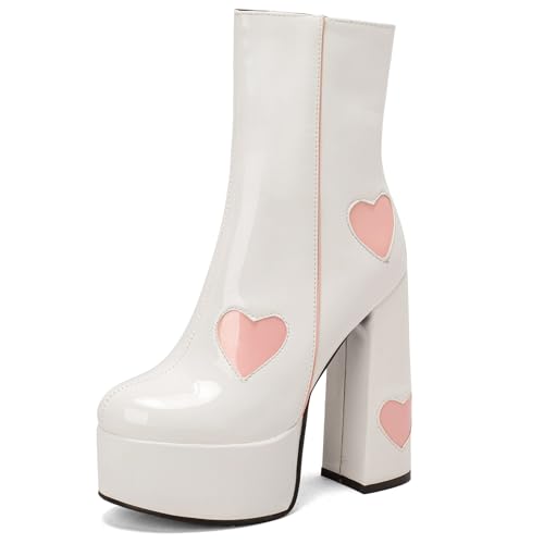 Lizoleor Sweet Side Reißverschluss Runde Zehen Blockabsatz Damen Anzugstiefel Super Höhe Ferse Plateau Mode Party Hochzeit Stiefeletten Weiß Gr 37 EU/38Cn von Lizoleor