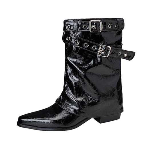 Lizoleor Warm Winter Knöchelbündchen Blockabsatz Damen Stiefeletten Ohne Verschluss Schnalle Warm Winter Pleated Weit Calf Lockere Stiefel Schwarz Gr 39 EU/40Cn von Lizoleor