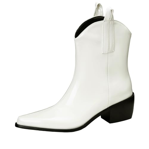 Lizoleor Weit Calf Pointed Toe Ohne Verschluss Chunky Heel Damen Stiefeletten Concise Solid Color Warm Fell Winter Klassische Cowboystiefel Beige Gr 39 EU/40Cn von Lizoleor