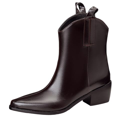 Lizoleor Weit Calf Pointed Toe Ohne Verschluss Chunky Heel Damen Stiefeletten Concise Solid Color Warm Fell Winter Klassische Cowboystiefel Braun Gr 44 EU/46Cn von Lizoleor
