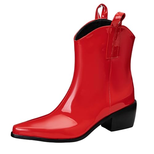 Lizoleor Weit Calf Pointed Toe Ohne Verschluss Chunky Heel Damen Stiefeletten Concise Solid Color Warm Fell Winter Klassische Cowboystiefel Rot Gr 36 EU von Lizoleor