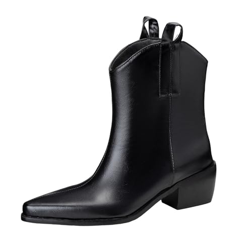 Lizoleor Weit Calf Pointed Toe Ohne Verschluss Chunky Heel Damen Stiefeletten Concise Solid Color Warm Fell Winter Klassische Cowboystiefel Schwarz Gr 43 EU/45Cn von Lizoleor