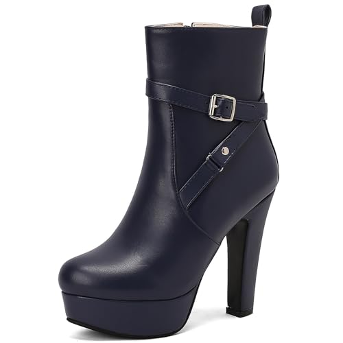 Lizoleor Western Style Runde Zehen Blockabsatz Damen Punk Kurzschaft Stiefel Side Reißverschluss Schnalle Plateau Super Höhe Ferse Stiefeletten Blau Gr 41 EU/43Cn von Lizoleor
