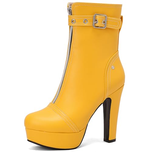 Lizoleor Western Style Runde Zehen Blockabsatz Damen Punk Kurzschaft Stiefel Side Reißverschluss Schnalle Plateau Super Höhe Ferse Stiefeletten Gelb Gr 37 EU/38Cn von Lizoleor