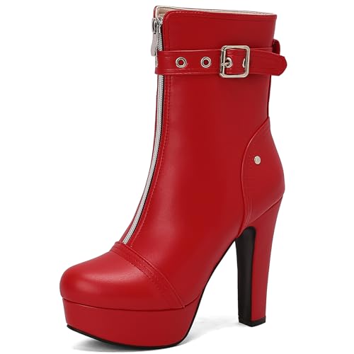 Lizoleor Western Style Runde Zehen Blockabsatz Damen Punk Kurzschaft Stiefel Side Reißverschluss Schnalle Plateau Super Höhe Ferse Stiefeletten Rot Gr 36 EU von Lizoleor