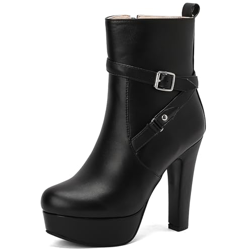 Lizoleor Western Style Runde Zehen Blockabsatz Damen Punk Kurzschaft Stiefel Side Reißverschluss Schnalle Plateau Super Höhe Ferse Stiefeletten Schwarz Gr 45 EU/47Cn von Lizoleor