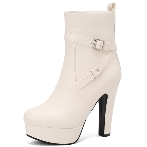 Lizoleor Western Style Runde Zehen Blockabsatz Damen Punk Kurzschaft Stiefel Side Reißverschluss Schnalle Plateau Super Höhe Ferse Stiefeletten Weiß Gr 35 EU von Lizoleor