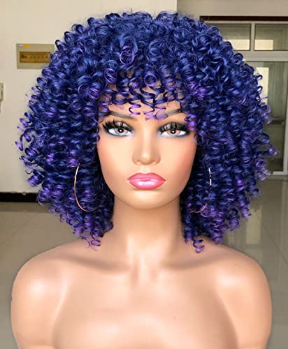 LIZZY Kurze lockige Afro-Perücken mit Pony für schwarze Frauen, afrikanisches Kunsthaar, klebefrei, hitzebeständig, voluminös, lockig (Blau) von Lizzyhair